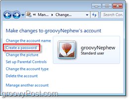 намерете подкана да добавите парола към потребителския акаунт на Windows 7