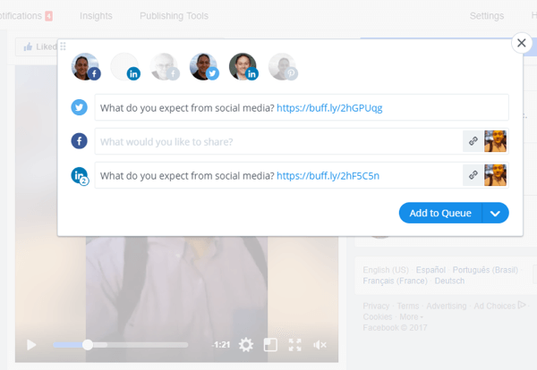 Инструменти като Buffer могат да ви помогнат да споделяте видеоклипове във Facebook на множество платформи за социални медии.