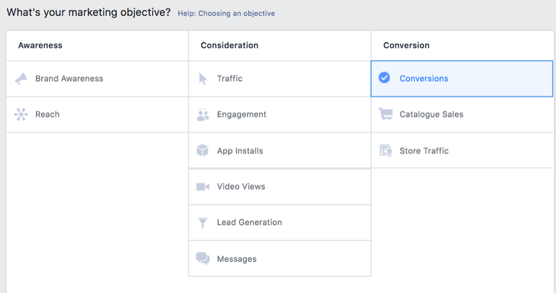 опция в facebook ads manager за избор на реализации като маркетингова цел