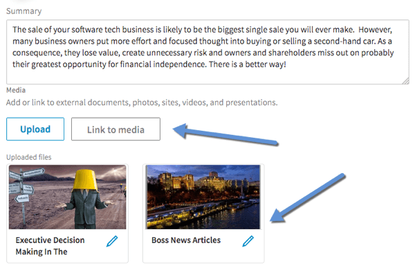 Щракнете върху Link to Media, за да добавите видео към резюмето, опитността и образованието в профила си в LinkedIn.
