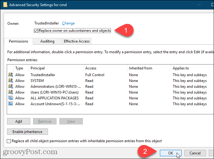 Поставете отметка в квадратчето Замяна на собственика на подконтейнери и обекти в диалоговия прозорец Разширени настройки за сигурност в редактора на системния регистър на Windows