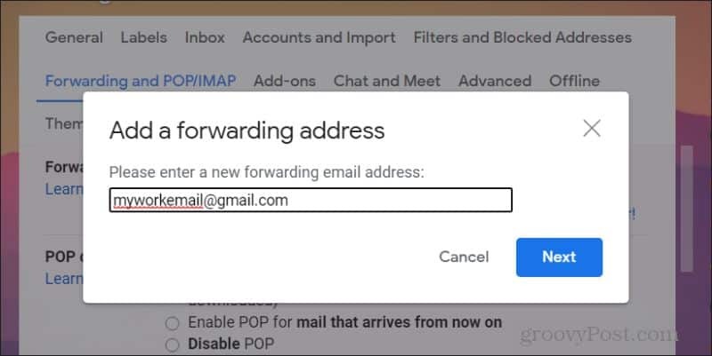 екрана на добавяне на имейл за пренасочване