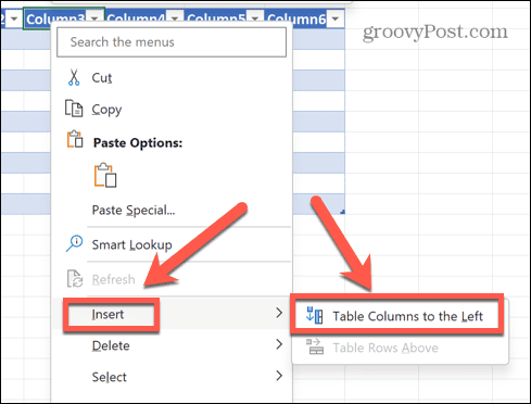 excel вмъкнете колони от таблица отляво