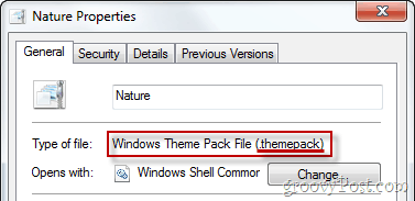 Свойства на файла с тематичен пакет на Windows