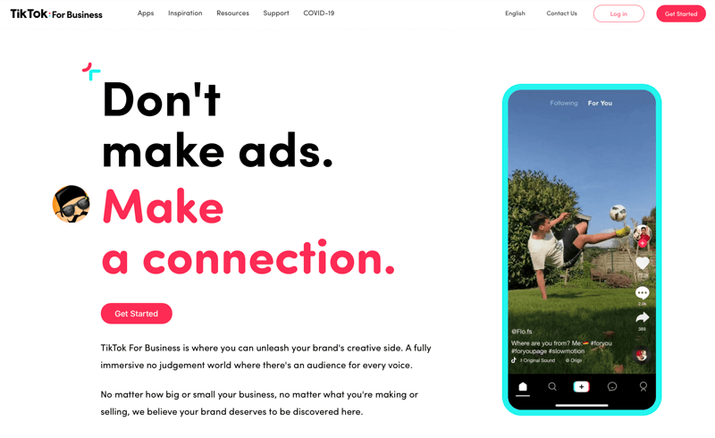 екранна снимка на tiktok за бизнес, отбелязвайки „не правете реклами. направи връзка. '