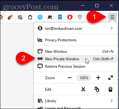 Изберете Нов частен прозорец във Firefox за Windows