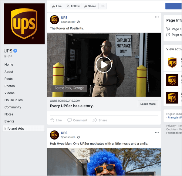 Ако погледнете рекламите във Facebook от UPS, става ясно, че те използват разказване на истории и емоционална привлекателност за изграждане на осведоменост за марката.
