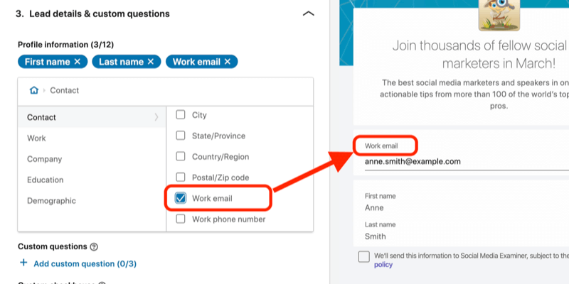 екранна снимка на полето „Работен имейл“, избрано за олово за генерирана форма в настройката на рекламата в LinkedIn