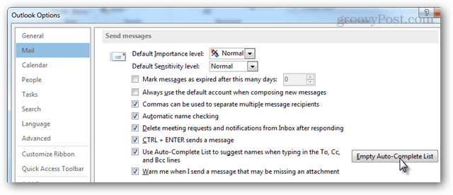 Как да изчистите автоматичното завършване на Outlook 2013