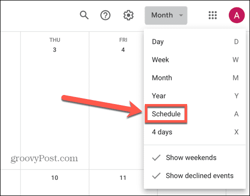 google календар изберете изглед на график
