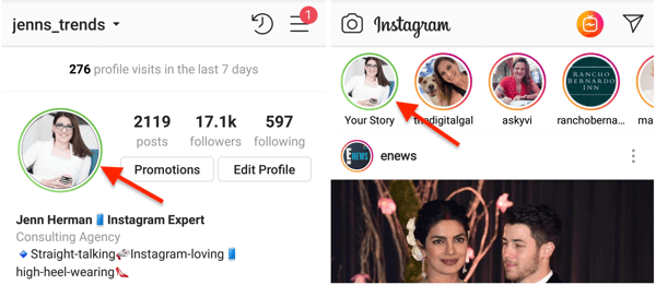 Индикатор за зелен кръг за снимката на вашия профил в Instagram, когато сте споделили история в списъка си с близки приятели.