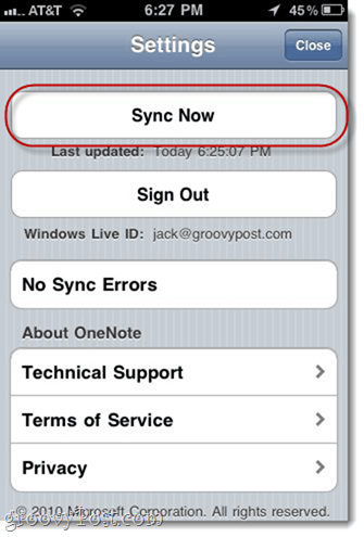 Синхронизирайте ръчно iPhone OneNote