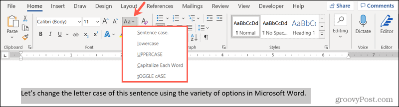 Промяна на буквите в Word в Windows