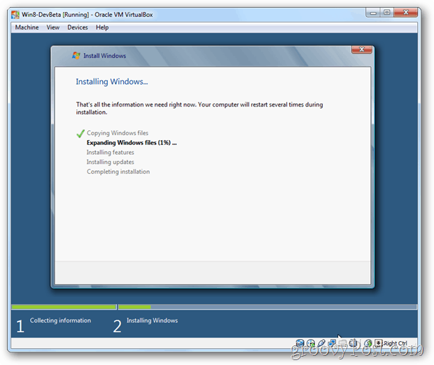 VirtualBox Windows 8 инсталиране на екрана на Windows