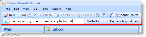 Twitter вътре в Outlook OutTwit изглед кутия 
