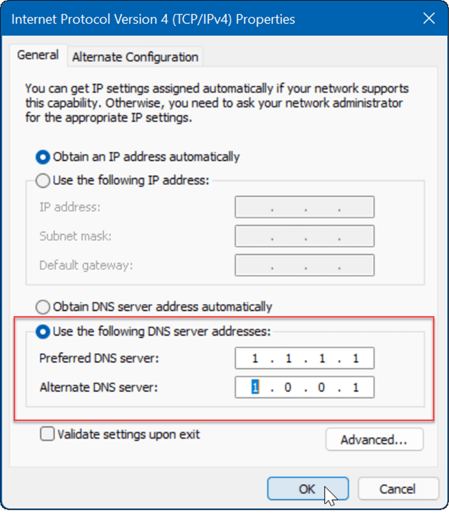 въведете DNS поправете бавен интернет на Windows 11