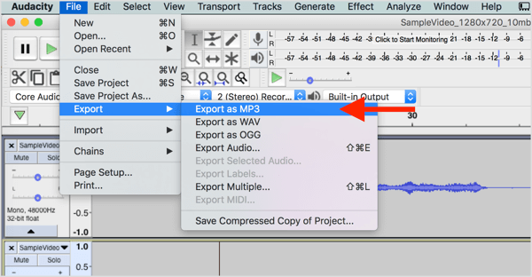 Изберете File> Export> Export as MP3, за да изтеглите аудио файла от Audacity.