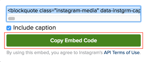 Щракнете върху зеления бутон, за да копирате кода за вграждане на публикация в Instagram.