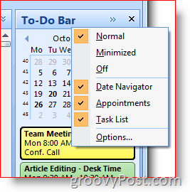 Лента със задачи на Outlook 2007 - щракнете с десния бутон, за да изберете опции