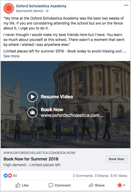 Пример за рекламна препоръка във Facebook