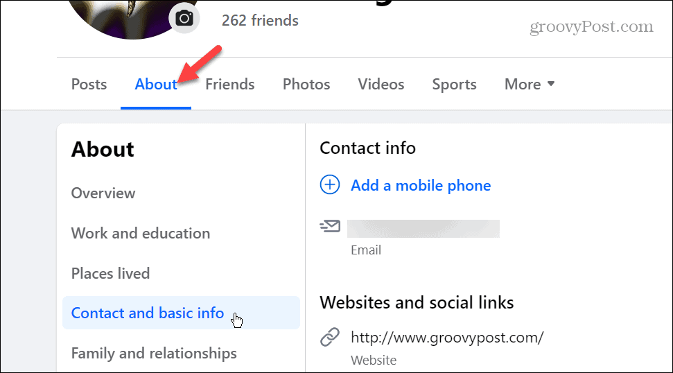 Раздел за контакт и основна информация във Facebook профила