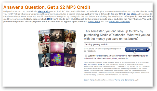 Вземете MP3 кредит Amazon за $ 2 за публикация във Facebook