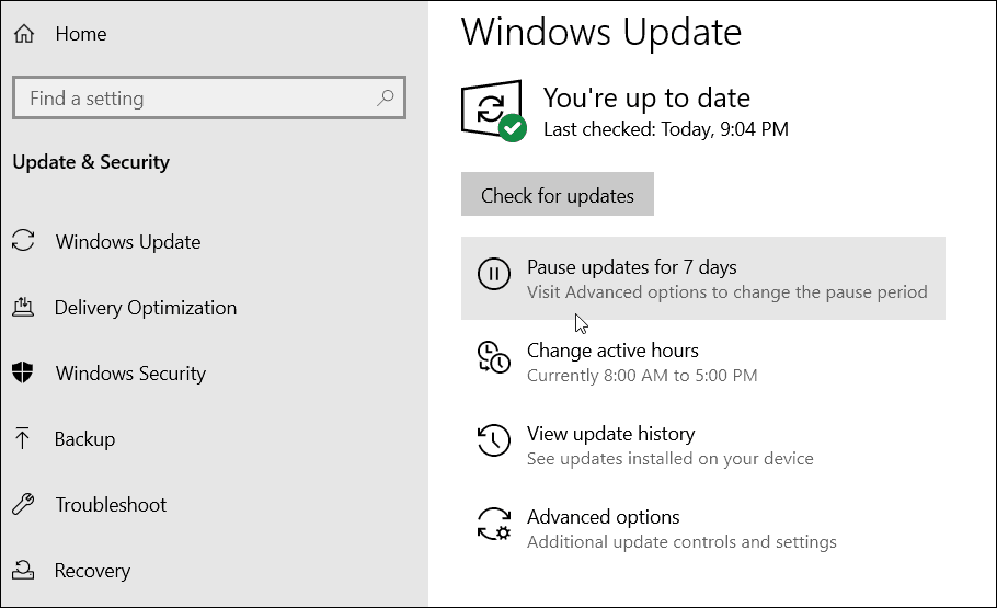 Пауза на актуализациите на Windows 10