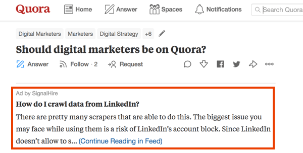 Пример за маркетинг на Quora с платена реклама.