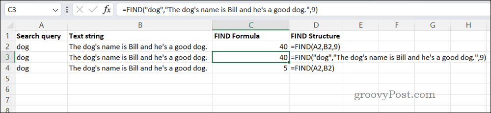 Примерна формула FIND в Excel