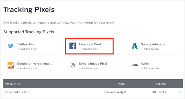 В Eventbrite щракнете върху Facebook Pixel и въведете своя пикселен идентификатор и други подробности.