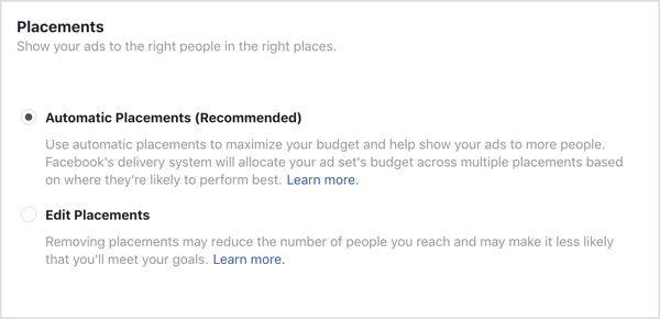 Избрана опция за автоматични разположения за кампания във Facebook