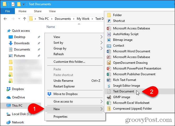 Отидете на Ново> Текстов документ в Windows File Explorer