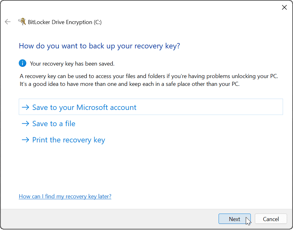 Запазете ключа за възстановяване на BitLocker