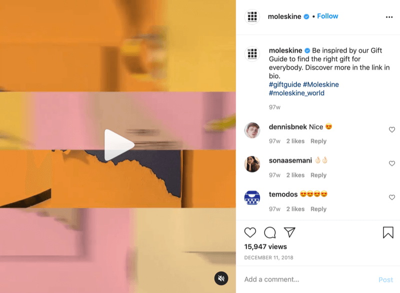 пример за видео публикация за подарък-идея от Instagram от @moleskine с призив за действие, насочващ зрителите към връзката в биографията за повече