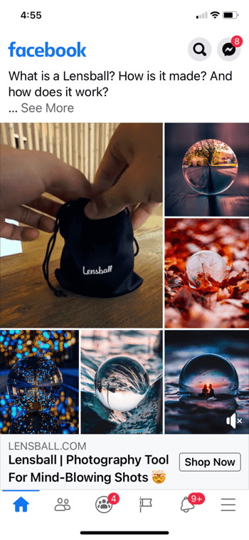 примерен рекламен колаж във facebook за ленсбол, показващ продукта в малка черна чанта за шнур, заедно с 5 примерни снимки на продукта, използван в снимки