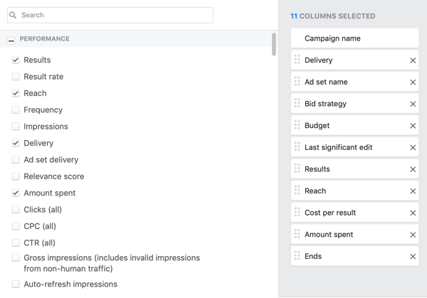 Пример за желани основни показатели за колоната за отчитане на прозореца за създаване на отчети във Facebook Ads Manager.