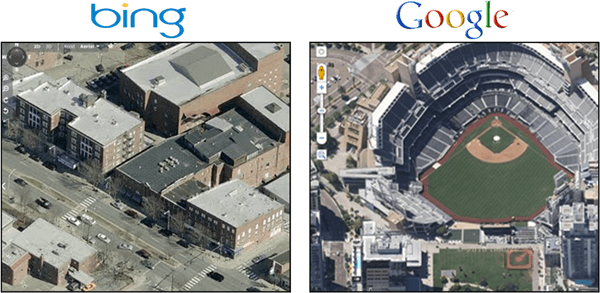 Google Maps отгоре 45 градуса изглед Vs. Bing Birds Eye