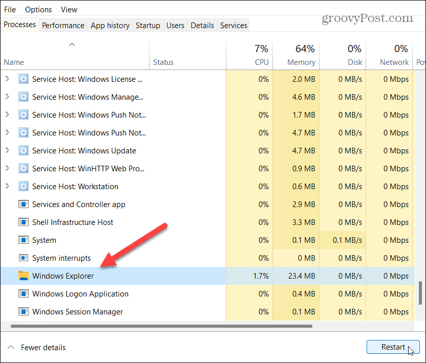 рестартирайте диспечера на задачите на Windows Explorer