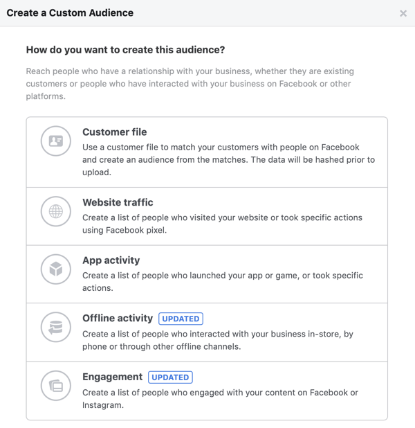 Опции за това как искате да създадете тази аудитория за вашата персонализирана аудитория във Facebook.