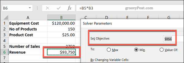 Клетката Задаване на цел в Solver за Excel