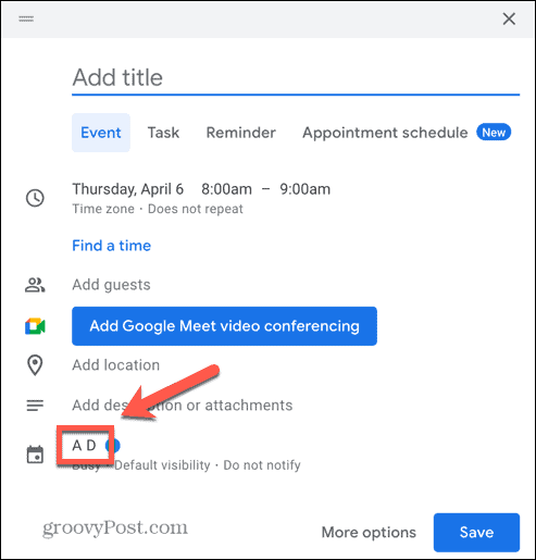 Екранна снимка на опцията за календар на събития в Google Календар