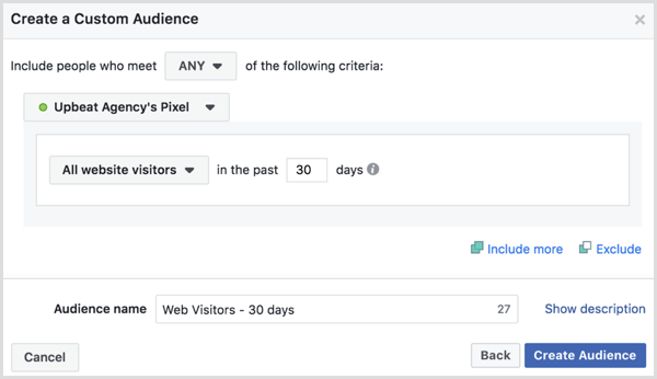 Изберете опции за създаване на персонализирана аудитория във Facebook на всички посетители на уебсайта през последните 30 дни