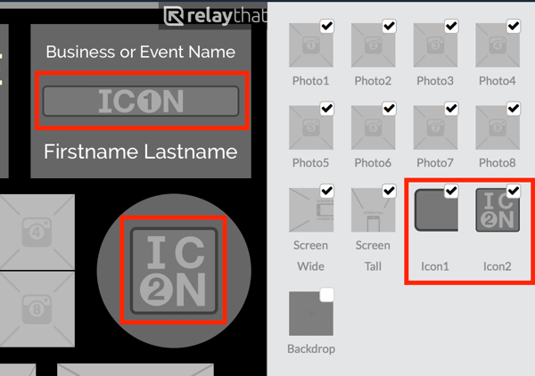 Качете логото си в миниизображението Icon1 или Icon2 в RelayThat.