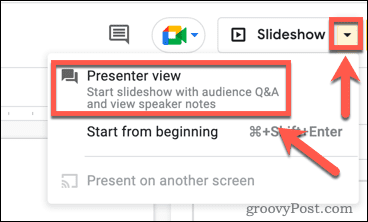 Изглед на презентатор в Google Slides