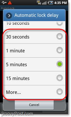 изберете време за заключване на модела на Android