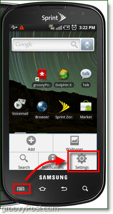 стартирайте приложението за настройки от бутона на менюто на Android