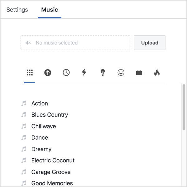 Щракнете върху раздела Музика и качете собствено аудио или изберете песен от библиотеката на Facebook.