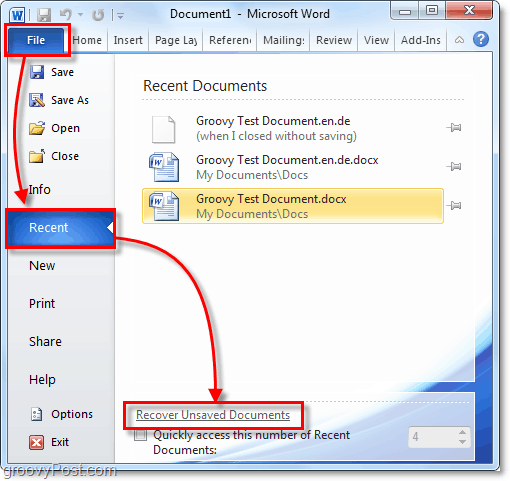 възстановяване на неспазени документи от Office 2010