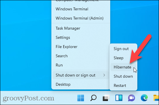 Опцията за хибернация е налична в менюто на Windows + X в Windows 11