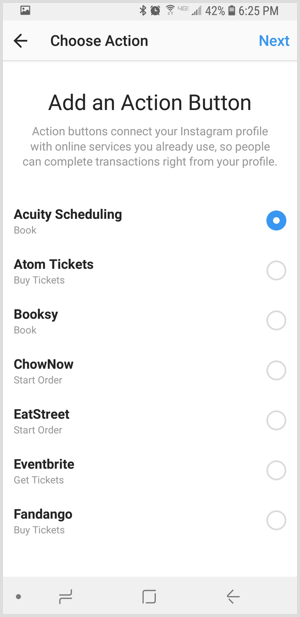 изберете приложение на трета страна в Instagram Добавяне на екран с бутон за действие